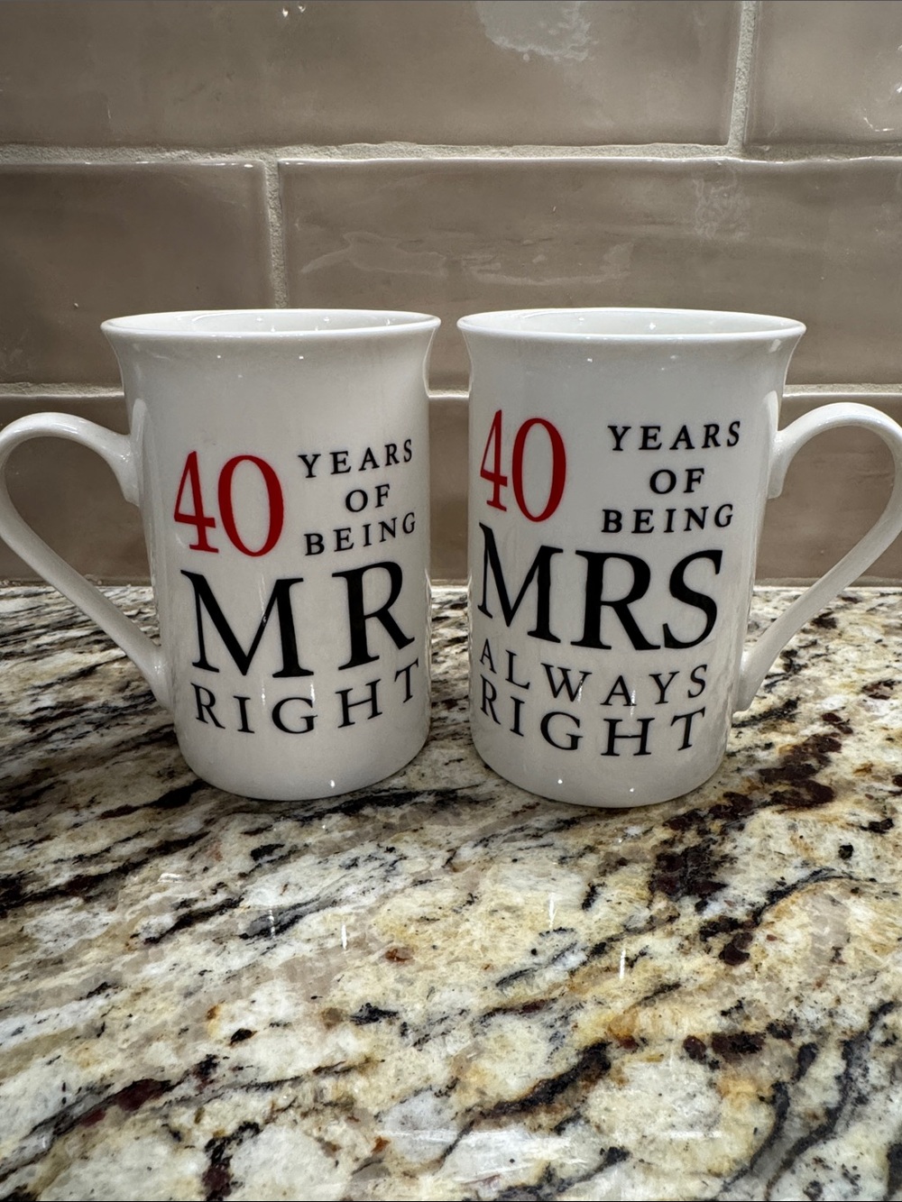 Like New! 40 Years Mr & Mrs Right White Ceramic Mug Set